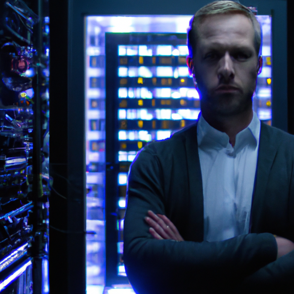 IT-директор в дата-центре, серверы на фоне, высокая детализация